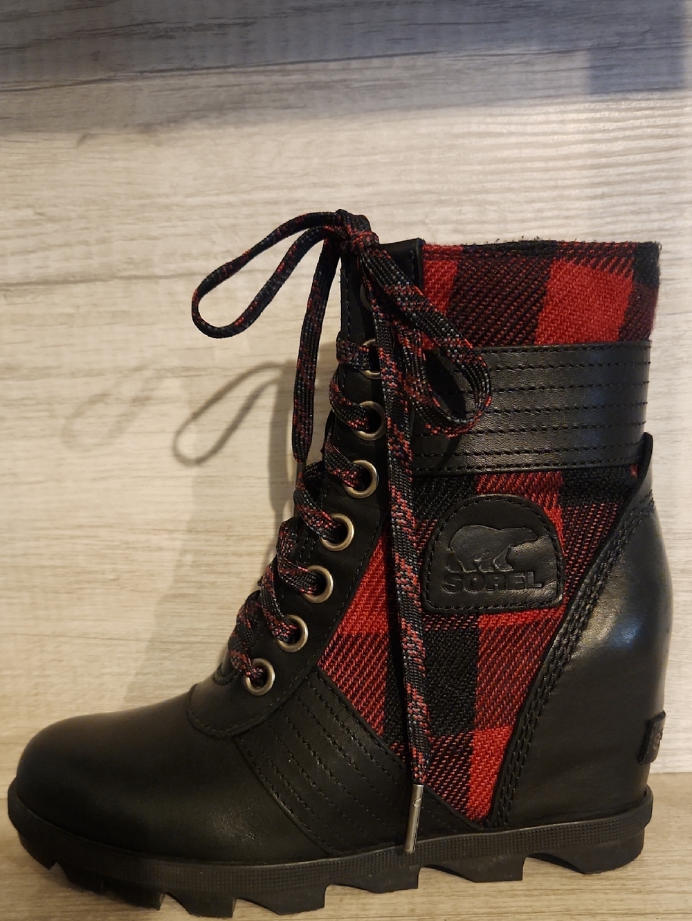 Sorel Black and Red Plaid Lace-Up Wedge Boot